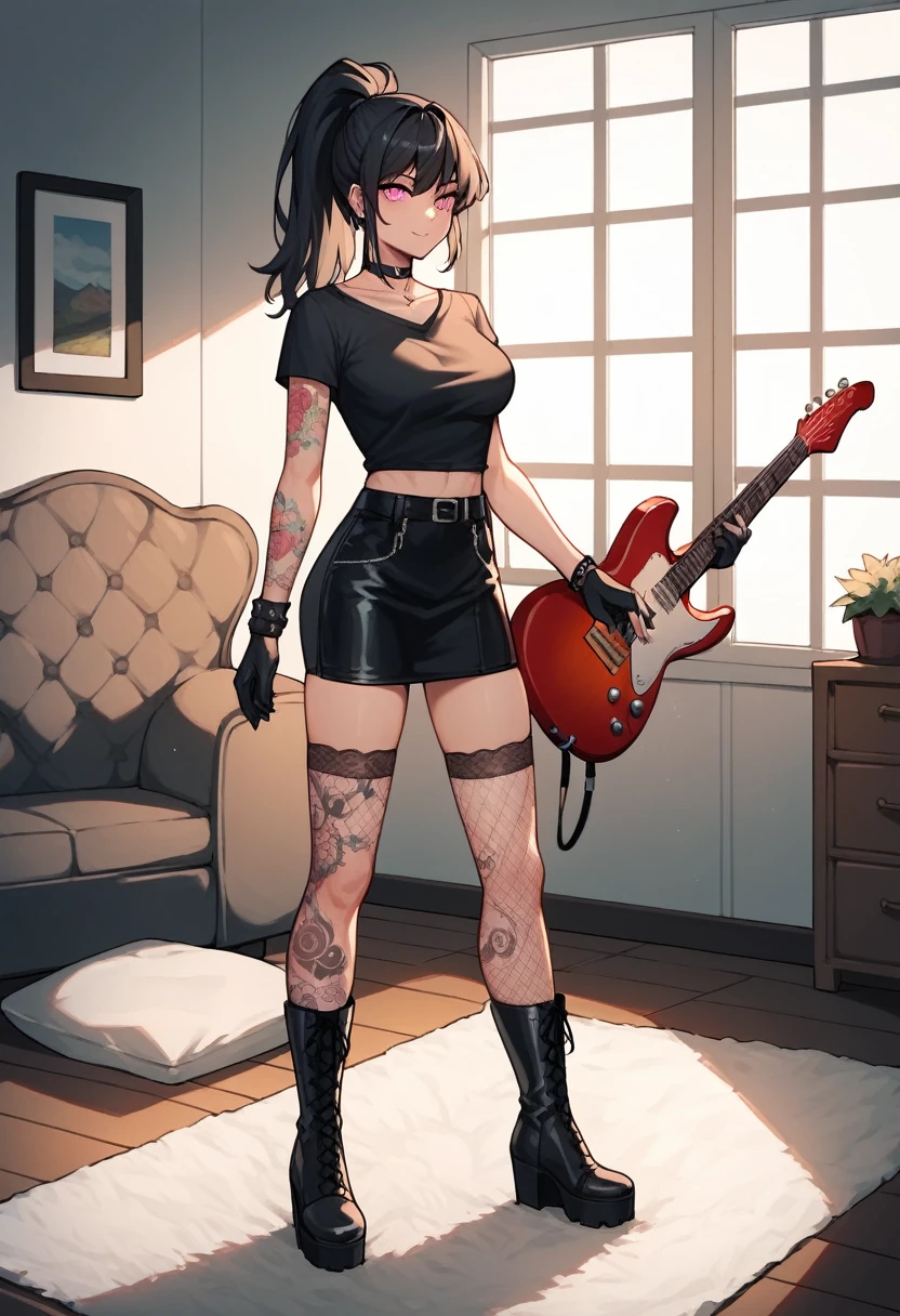 score_9, score_8_up, score_7_up, score_6_up, score_5_up, score_4_up, source_anime, 1woman, worth, полный рост, чокер, black hair, ponytail, pink eyes, clean hair, black shirt, leather skirts, plaid stockings, lace-up boots, platforms, tattoos, electric guitar, колонки, шнур, подключение к колонкам, carpet, leather gloves up to the elbows, rooms, best quality, best res, 4K UHD,