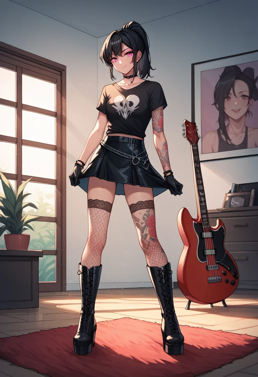 score_9, score_8_up, score_7_up, score_6_up, score_5_up, score_4_up, source_anime, 1woman, worth, полный рост, чокер, black hair, ponytail, pink eyes, clean hair, black shirt, leather skirts, plaid stockings, lace-up boots, platforms, tattoos, electric guitar, колонки, шнур, подключение к колонкам, carpet, leather gloves up to the elbows, rooms, best quality, best res, 4K UHD,
