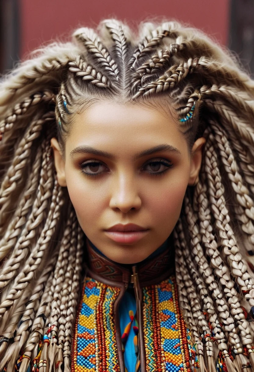 a woman's head. Her hair is in cornrows, geometric repeating patterns, coloured beads, long dark hair. patterned. front view, showing her face. Moroccan North African influence