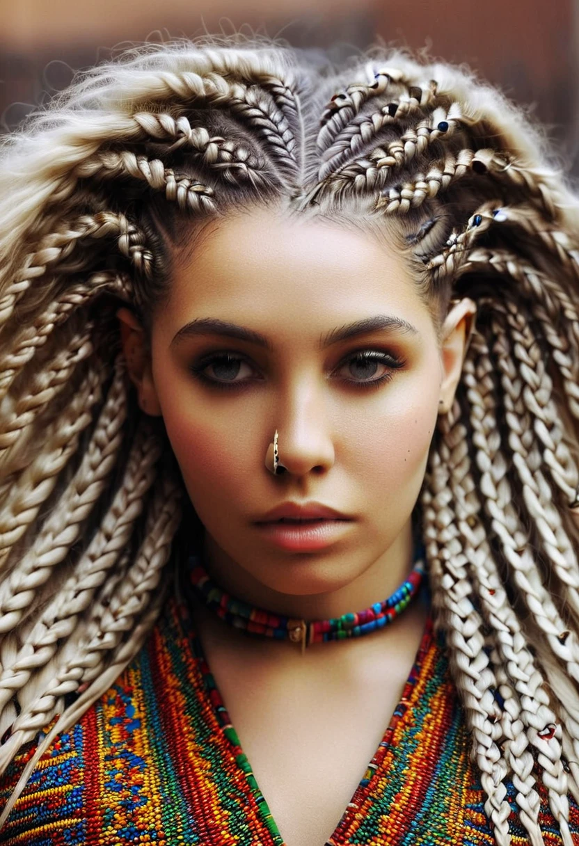 a woman's head. Her hair is in cornrows, geometric repeating patterns, coloured beads, long dark hair. patterned. front view, showing her face. Moroccan North African influence