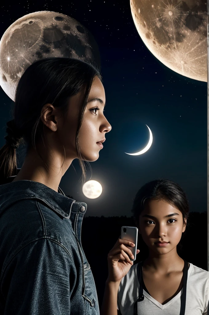 evening, a girl inside a cell phone and on the other side a boy inside a cell phone and in the middle of them a moon and a plane inside the moon that is shot towards the girl