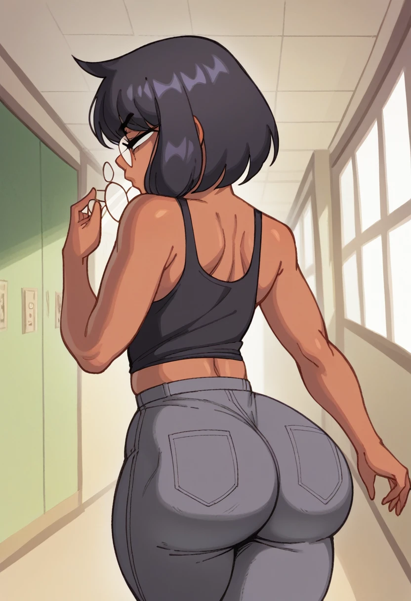 (masterpiece, best quality:1.3), Rizdraws, Thin Lineart, Soft Lineart, 1girl, solo, short black hair, black hair, bangs that go to the side down her face, large round glasses, flat straight hair, cant see eyes through glasses, black tank top, dark gray pants, small midriff, brown skin, wide hips, fat ass, in school hallway backgroung, steamy ass