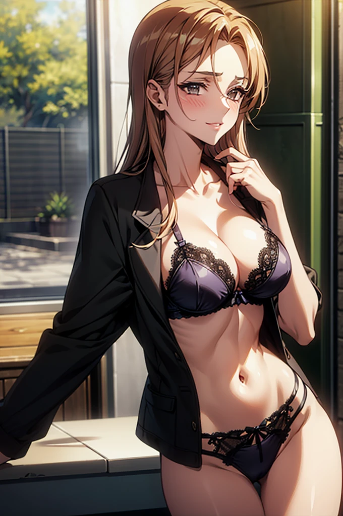 Masterpiece,Highest quality,8k,Ultra-high resolution,appropriate margins,lighting,BREAK,1 person,Very beautiful woman,Slim body,Very large breas cleavage,Moi Skin,BREAK,Red Hair,(No bangs,Show your forehead),mascara,Red eyeliner,Light pink lip,Thin teak,Thick upper eyelashes,Thin eyebrows,BREAK,Black eyes,BREAK,Embarrassed,Shy smile,BREAK,Long Hair,BREAK,Black lace bra,Black lace underwear,Leather jacket,BREAK,Watching the audience