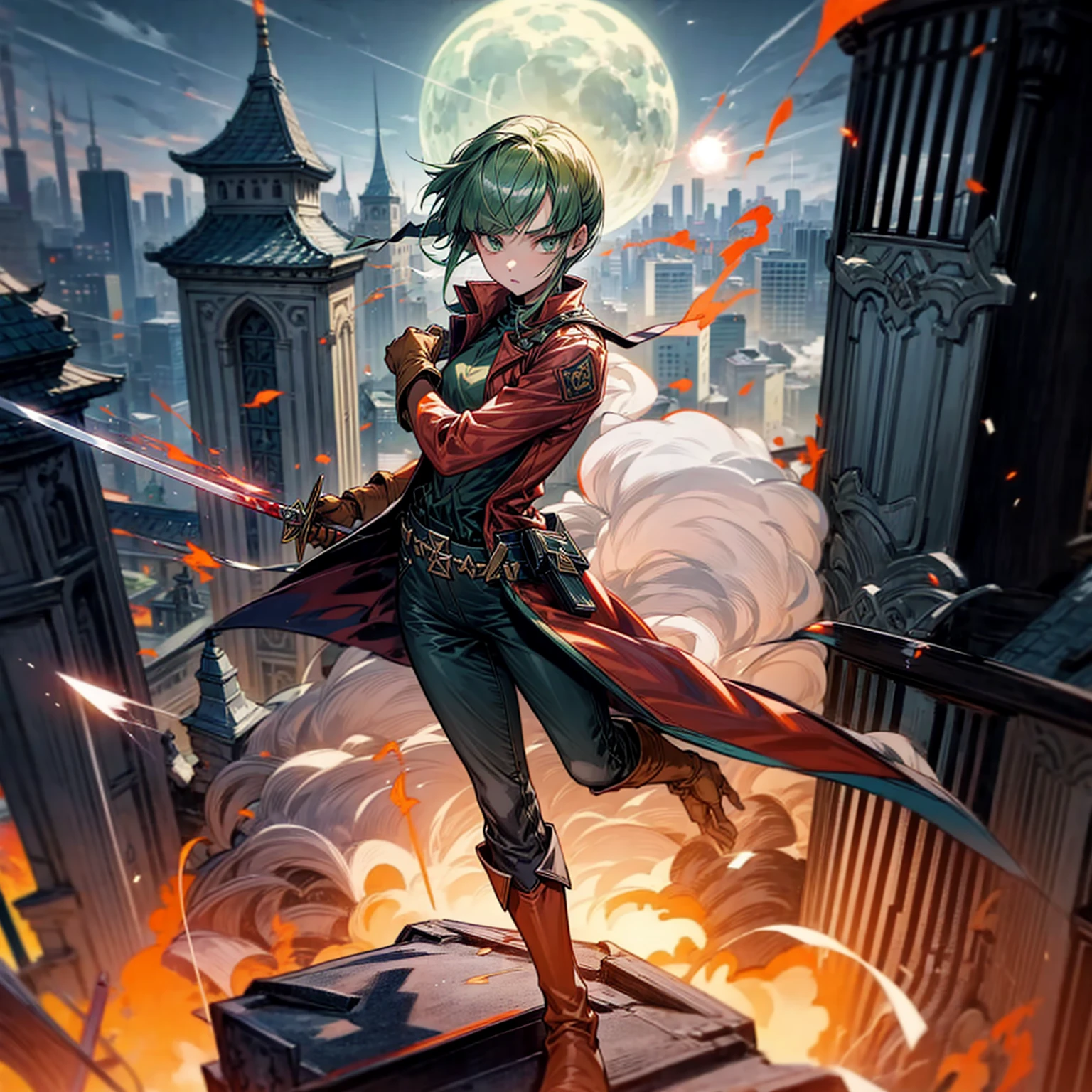 1girl, Full body version, 1character, green eyes, short haircut, (green color hair), soldier style clothing, red colour clothing, jacket, jeans, belt, boots, gloves, Grassroots, background On the roof of a city building, motion blur, (detective conan style art), sword in hand, fire effect on sword, lighting effect on sword, fire effect, smoke effect, aura effect, Moonlight, bloody background, blood on face, blood on shirt, blood on sword