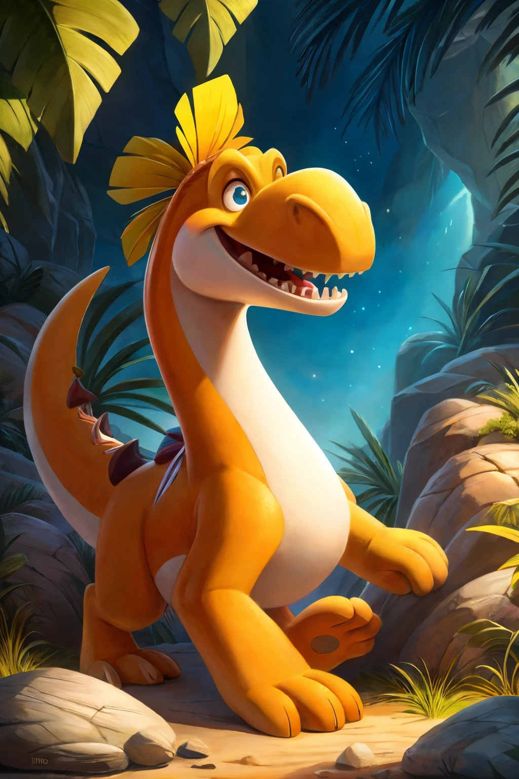 (Ultra detailed), a captivating full-size portrait of Mango Boing, portrayed as an anthro version of the classic Flintstones character, Dino. Dino dons a vibrant, mango-hued fur, reminiscent of his original cartoon counterpart. His face is adorned with the iconic Boing expressions, enhancing his charming and playful personality. The detailing of his teeth and the sparkle in his eyes adds a lifelike touch to this masterpiece. Set against the backdrop of a prehistoric scene, with Stone Age tools and flora scattered around, this artwork beautifully merges the past and present, trending on art stations such