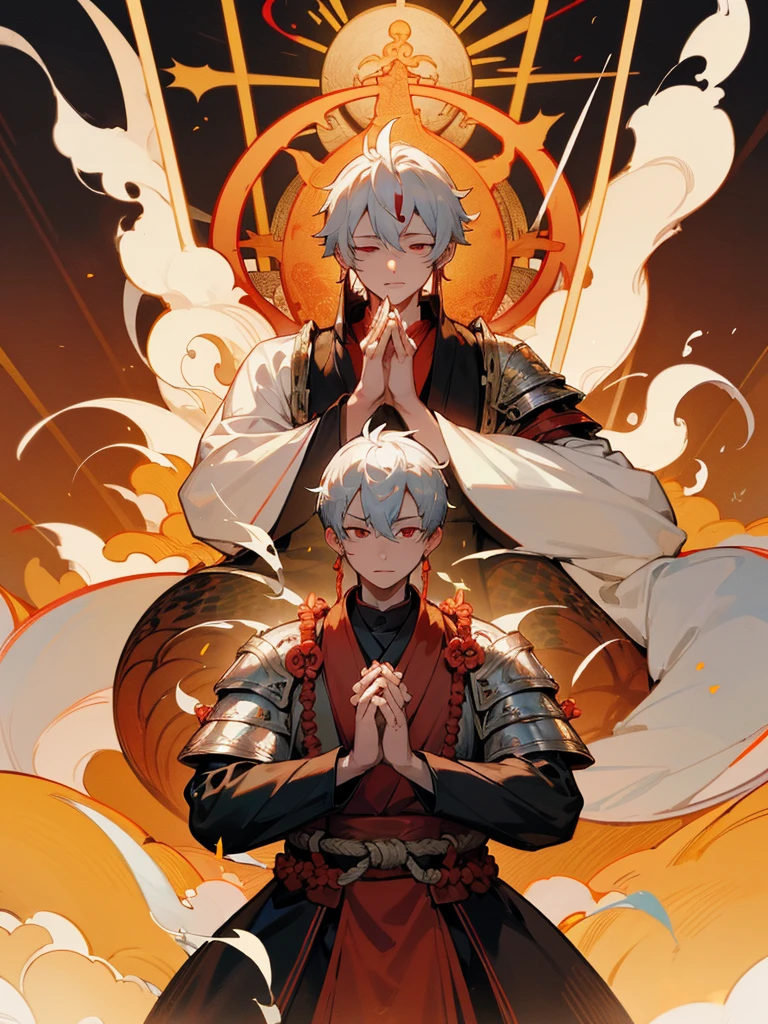 Dragon God Kannon Bodhisattva,Burning eyes, Horn, White Short Hair, Black Armor, torii, male, Buddha, Praying with hands together, Zen meditation, Silver nine-headed dragon, Aiphone, Lotus field, Pure Land, Shinto-Buddhist fusion