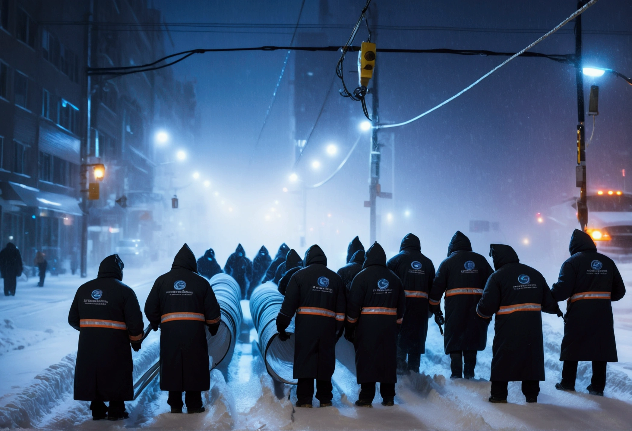 A group of Asian workers wearing blue helmets are pulling a huge pipeline forward with ropes. The background is a city street in heavy snow (wearing a black cotton coat: 1.5), (late night, night, night view, lighting: 1.5) (blizzard, blizzard: 1.5), (bird's-eye view, overhead: 1.5)