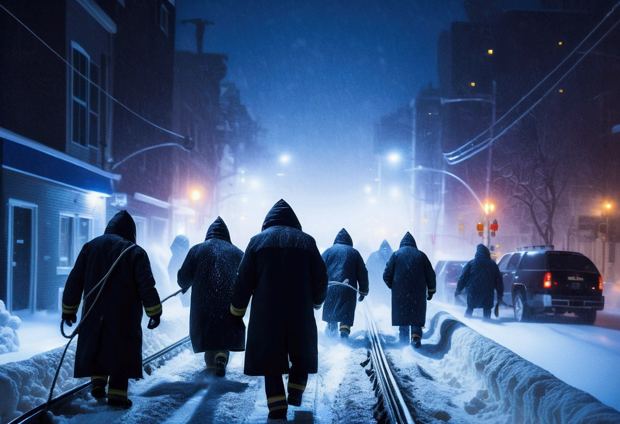 A group of Asian workers wearing blue helmets are pulling a huge pipeline forward with ropes. The background is a city street in heavy snow (wearing a black cotton coat: 1.5), (late night, night, night view, lighting: 1.5) (blizzard, blizzard: 1.5), (bird's-eye view, overhead: 1.5)