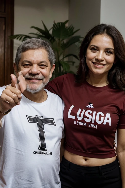 President Lula wearing a Corinthians t-shirt next to his wife Janja, they are smiling and making an L with their index finger and thumb