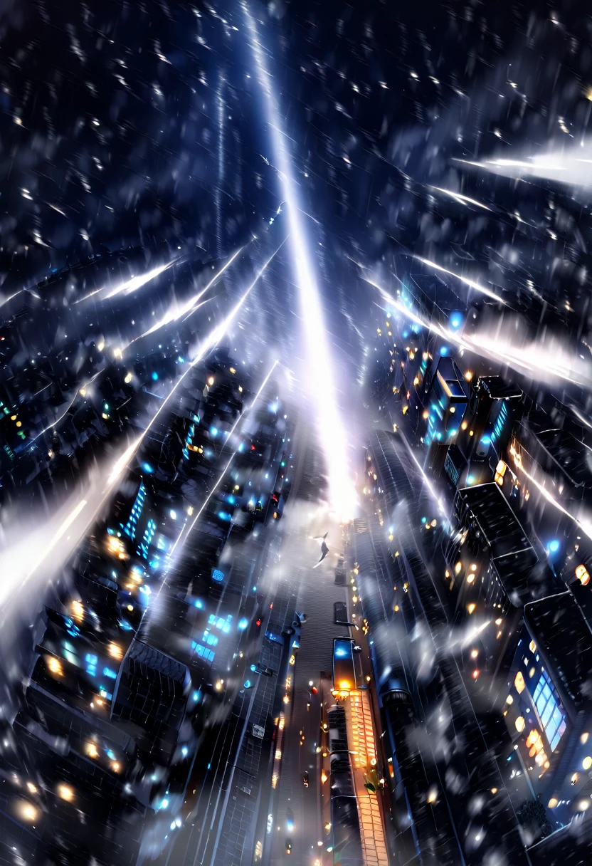 A group of Asian workers wearing blue helmets are pulling a huge pipeline forward with ropes. The background is a city street in heavy snow (wearing a black cotton coat: 1.5), (late night, night, night view, lighting: 1.5) (blizzard, blizzard: 1.5), (bird's-eye view, overhead: 1.5)