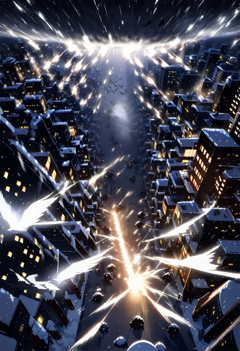 A group of Asian workers wearing blue helmets are pulling a huge pipeline forward with ropes. The background is a city street in heavy snow (wearing a black cotton coat: 1.5), (late night, night, night view, lighting: 1.5) (blizzard, blizzard: 1.5), (bird's-eye view, overhead: 1.5)