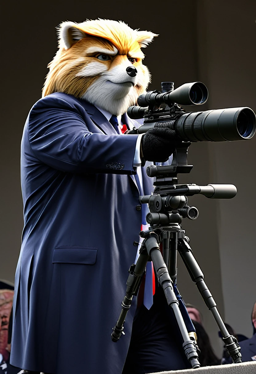 generate an photorrealistic Furry sniper character shooting the president Donald Trump during a public speech