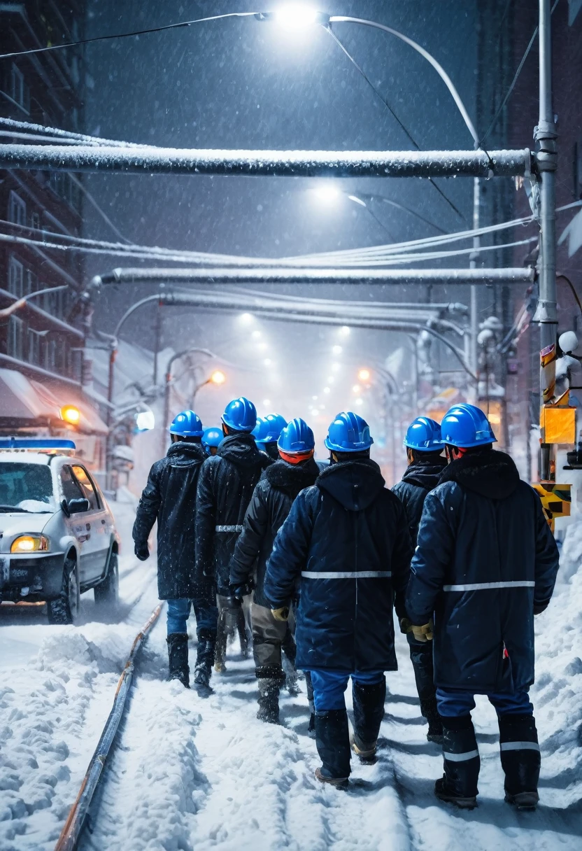 A group of Asian workers wearing blue helmets are pulling a huge pipeline forward with ropes. The background is a city street in heavy snow (wearing a black cotton coat: 1.5), (late night, night, night view, lighting: 1.5) (blizzard, blizzard: 1.5), (bird's-eye view, overhead: 1.5)