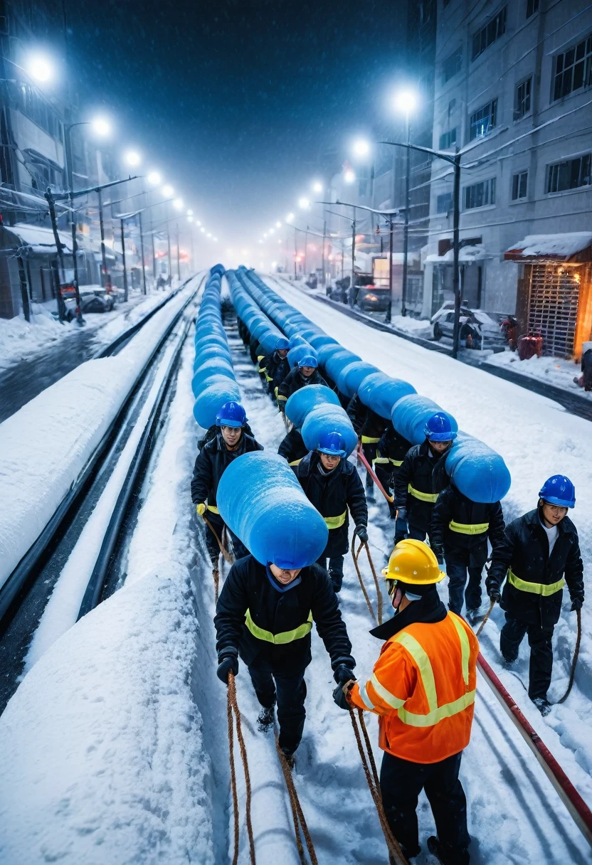 A group of Asian workers wearing blue helmets are pulling a huge pipeline forward with ropes. The background is a city street in heavy snow (wearing a black cotton coat: 1.5), (late night, night, night view, lighting: 1.5) (blizzard, blizzard: 1.5), (bird's-eye view, overhead: 1.5)