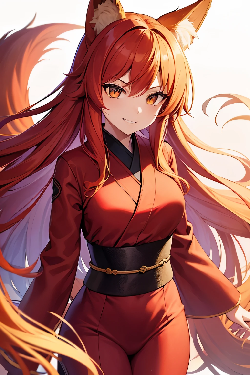 1 girl with long red hair, amber eyes, fox ears, slenderbody, ,fox tail, red kimono, smiling, forst, giorno, fully body 