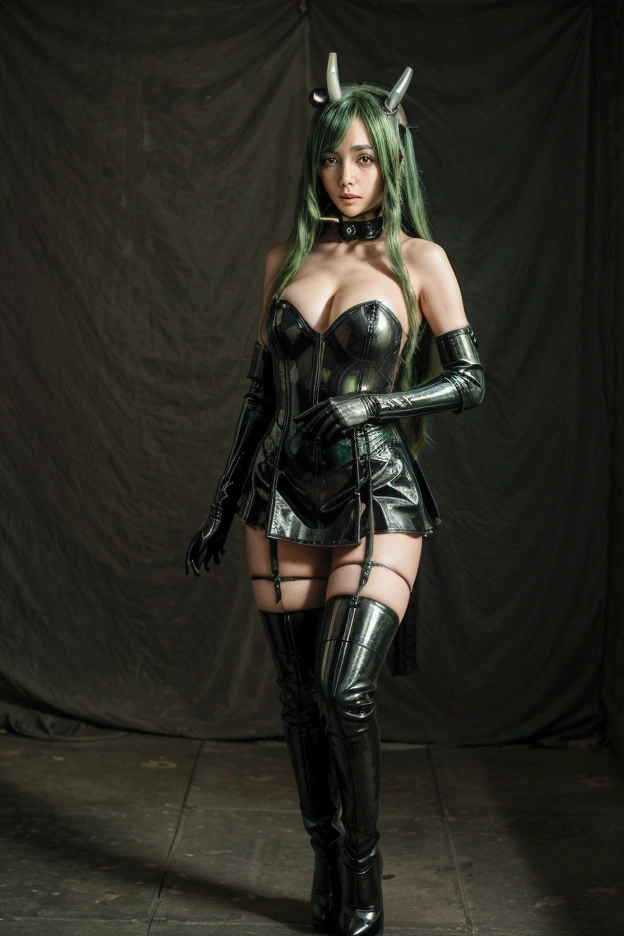 1 girl, realistic, dakimakura, Soraka cosplay, pony girl, black latex outfit, black high heel boots, mouth gag, standing up, green long hair, horn on head ,Best quality, masterpiece,