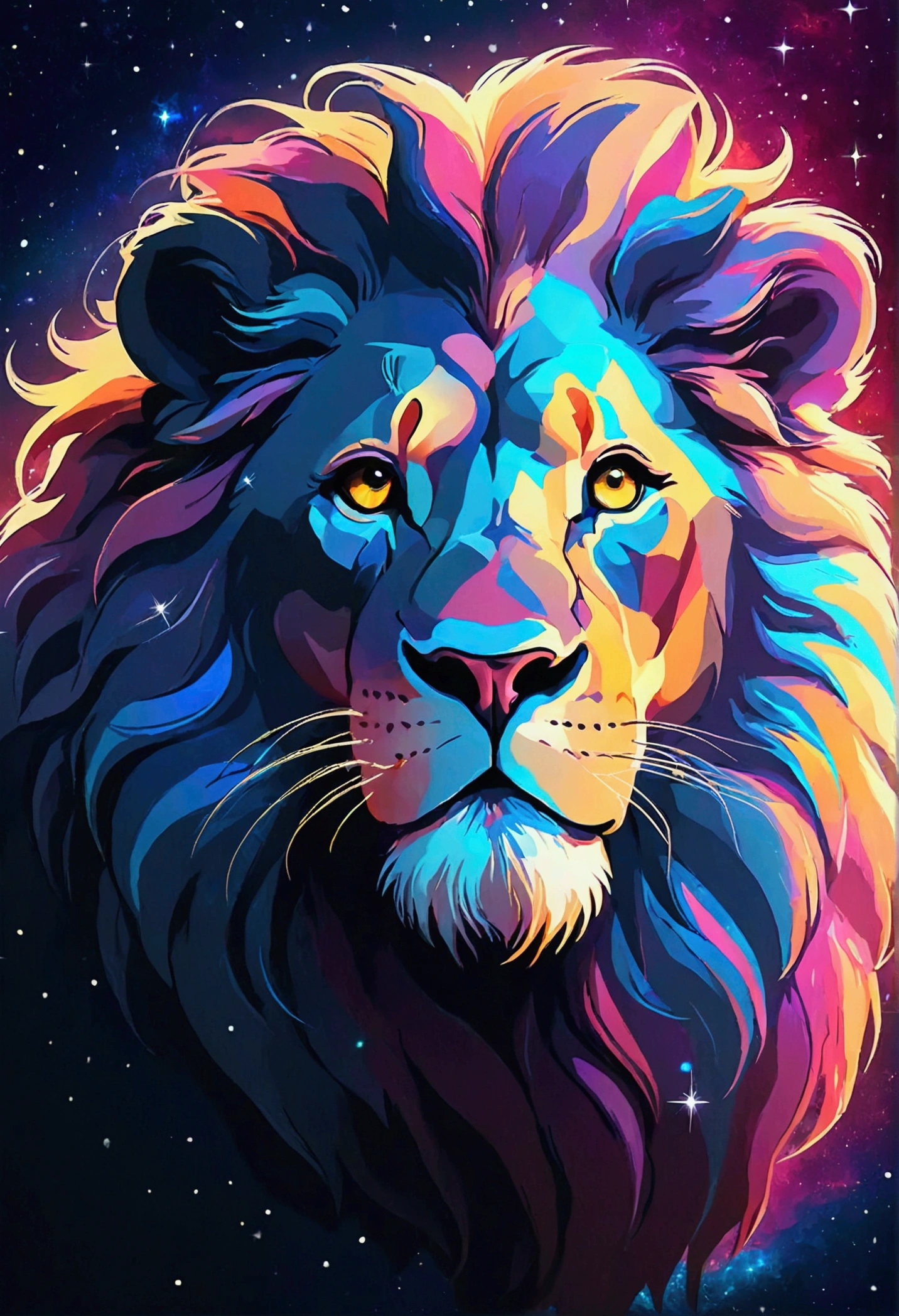 a lion stylized zodiacal symbol ((silhouette)) formed by bright stars. Cosmic background