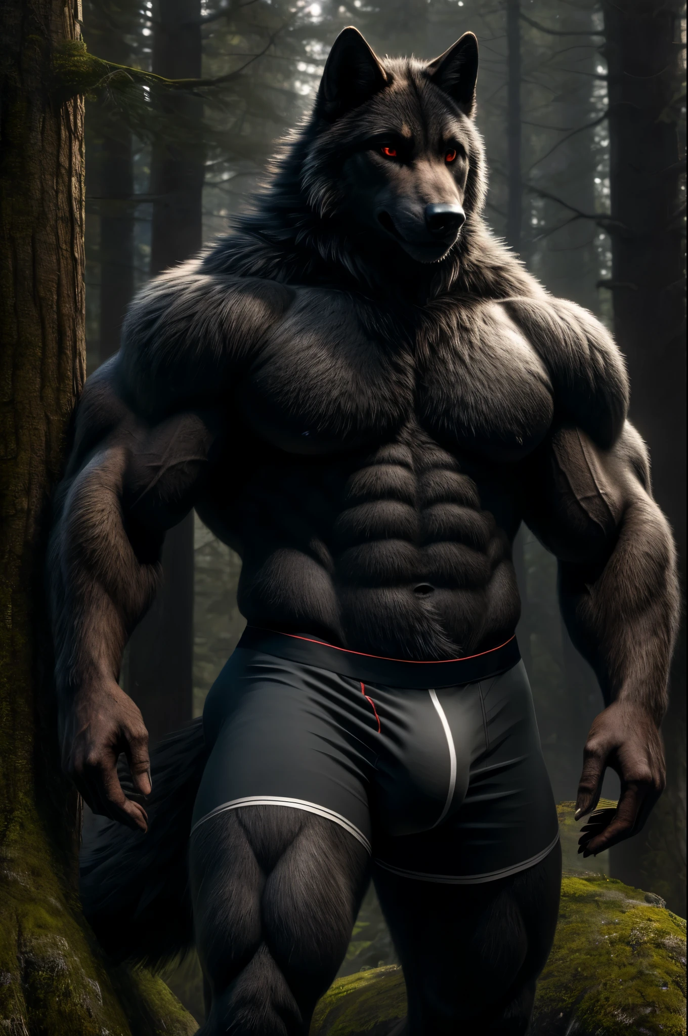 (full body shot), (realistic style), (furry), (humanoid), male wolf, full body black fur, red eyes, perfect muscular body, and biggest muscles, biggest pecs, and biggest thighs, wearing white boxer briefs, realistic forest background