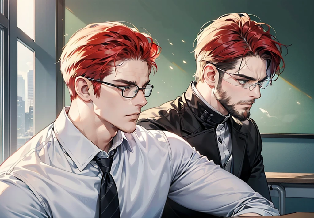 ((profile pic)), (best quality detailed image beautiful image 8K photorealistic dramatic lighting 1:1) (digital art digital illustration) (camera focused on face) (cold colors dim lighting) Art Manhwa 29 year old cold man very handsome red hair in back gel style, elegant clothes light green eyes (piercing gaze cold expression perfect face perfect lines) Teacher, university, Classroom, ((black glasses)), handsome teacher, Serious and cold look, ((Male square face)), short beard, Sweater and smart white closed dress shirt, Lonely, Thick masculine nose, ((stubble short beard)), everything perfectly put on, ((hair perfectly combed))