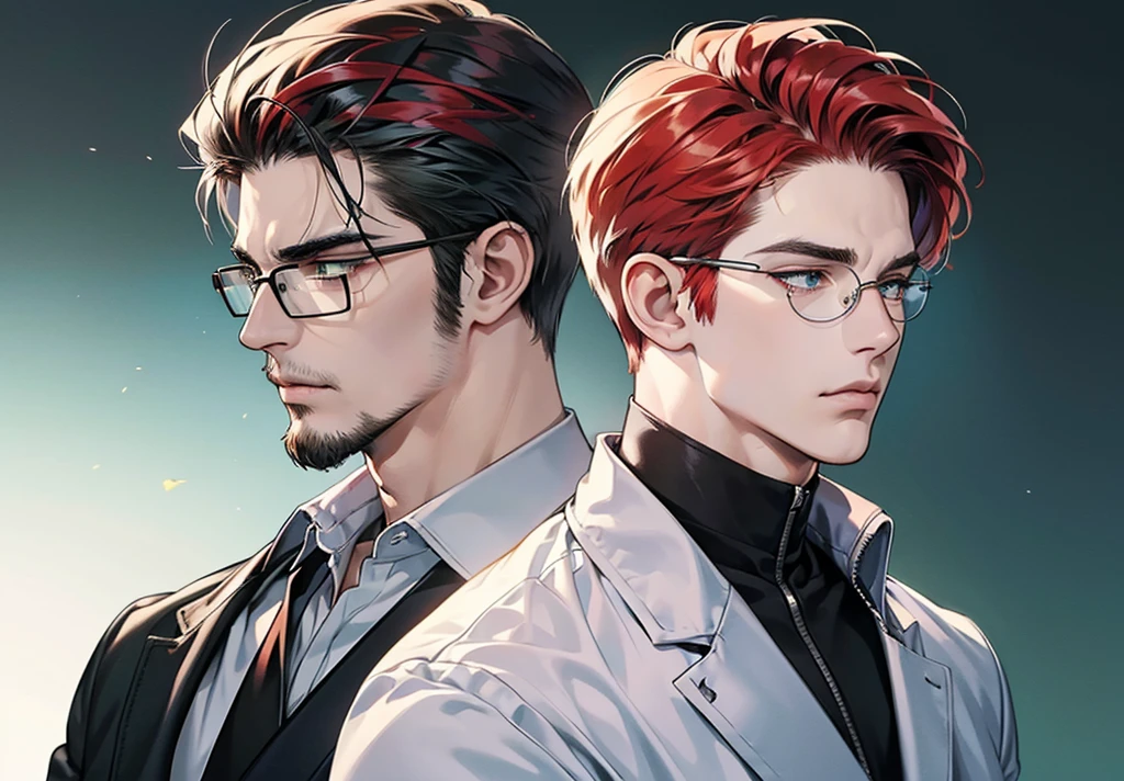 ((profile pic)), (best quality detailed image beautiful image 8K photorealistic dramatic lighting 1:1) (digital art digital illustration) (camera focused on face) (cold colors dim lighting) Art Manhwa 29 year old cold man very handsome red hair in back gel style, elegant clothes light green eyes (piercing gaze cold expression perfect face perfect lines) Teacher, university, Classroom, ((black glasses)), handsome teacher, Serious and cold look, ((Male square face)), short beard, Sweater and smart white closed dress shirt, Lonely, Thick masculine nose, ((stubble short beard)), everything perfectly put on, ((hair perfectly combed))