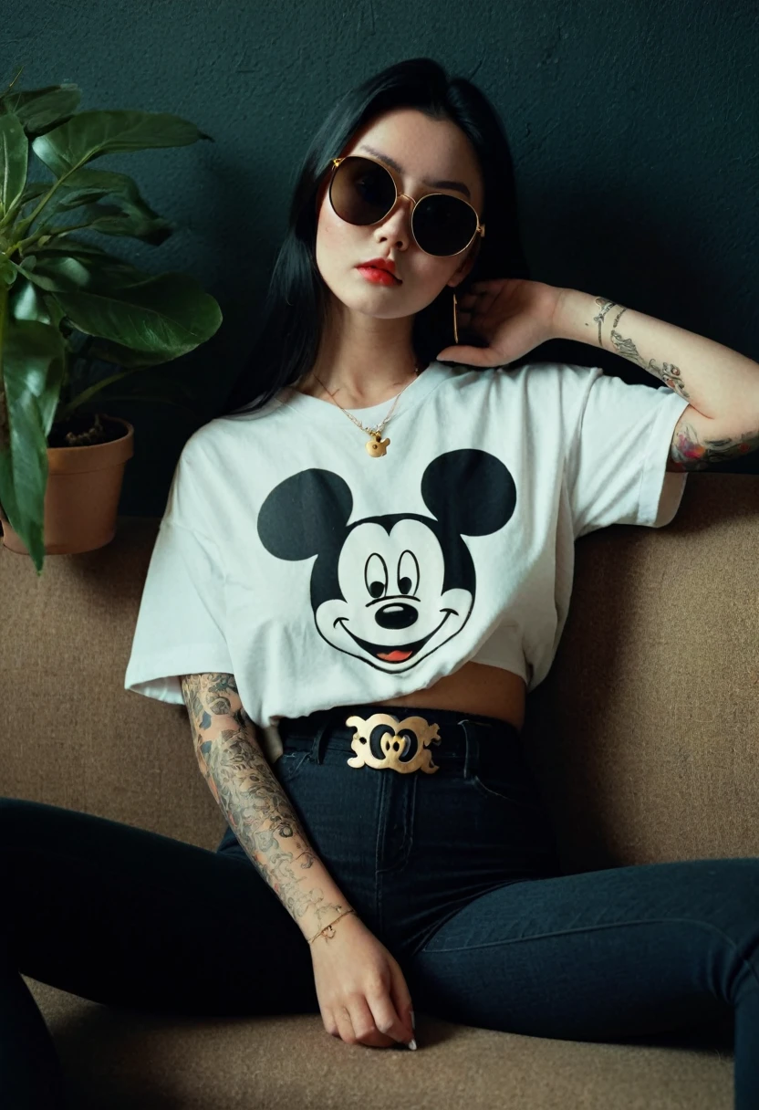 [[highly detailed face]], [[goddess face]], 90s, young woman. An Yakuza girl, oversized white Mickey Mouse t shirt and black denim pants, black sunglasses, gold necklaces, full body image, she is covered in tattoos, long black hair, arrogant pose, lounging on a sofa, high quality images, unreal engine, perfect skin texture, goddess face, photo depth of field, shadows, grainy, seductive analog lofi (by Oleg Oprisco Laura Makabresku), dark wall, dimly lit, potted plant, soft natural lighting
