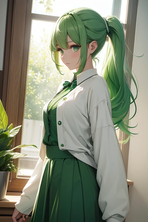 goddess(green pony tail hair, long sleeve, green long skirt), white cardigan