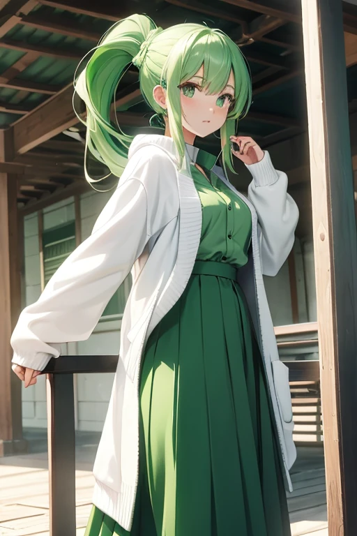 goddess(green pony tail hair, long sleeve, green long skirt), white cardigan