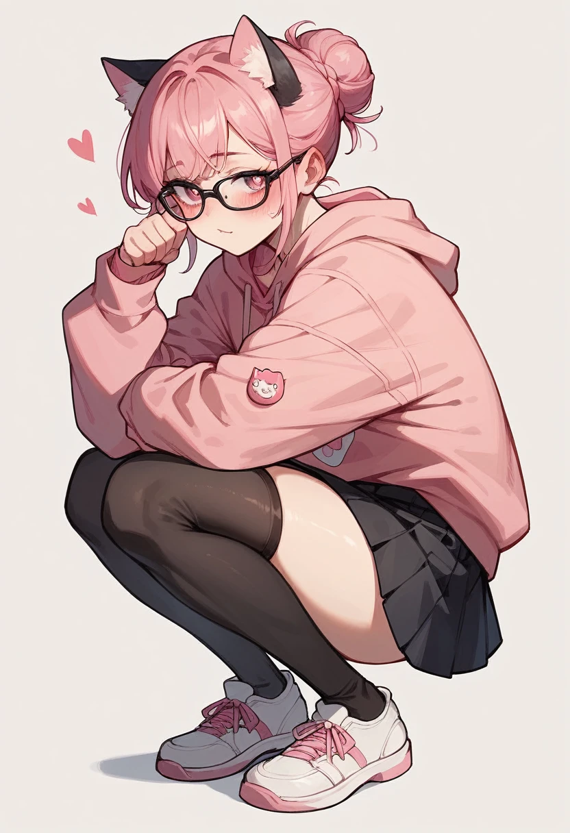 I have white pink hair, cat ears, a bun, my face is super blushing, black glasses, pink heart eyes, a big pink sweatshirt, a black skirt, black stockings, white shoes, a cat's tail, a girl. Very shy