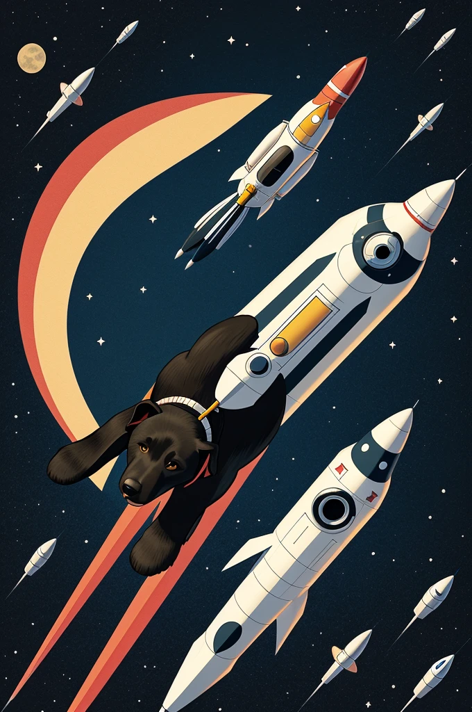 Illustration for a cartoon where a black dog astronaut stands near a rocket