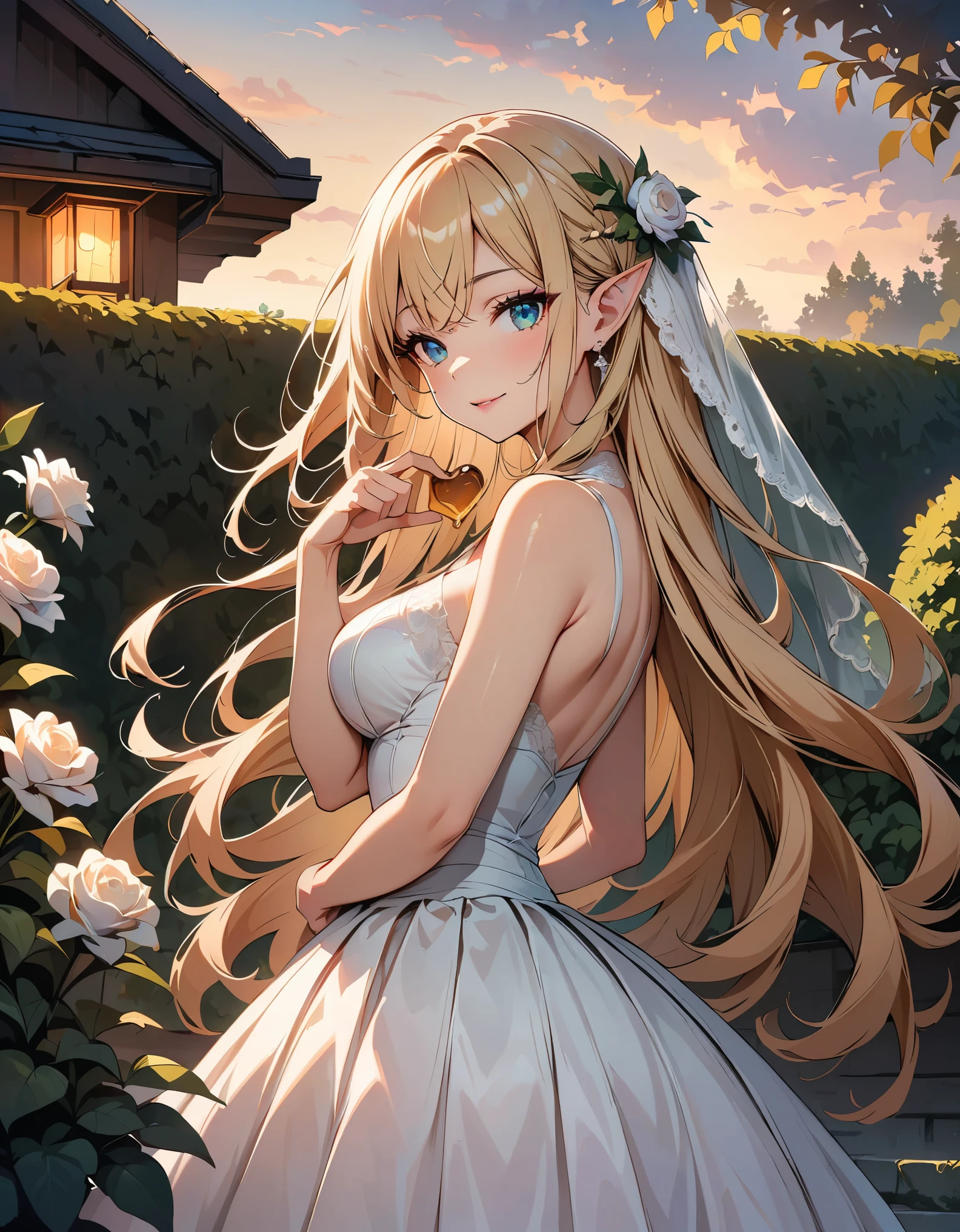 (masterpiece, best quality, beautiful and aesthetic:1.3), (A beautiful elf lady), look back, side view, 1 elf girl, (solo:1.3), light smile, heart gesture, (honey blonde hair streaked beige:1.4), (Gradient sliver hair ends:1.6), hair strand, absurdly long hair, single sidelock, wavy hair, shiny hair, floating hair, (sky blue eyes), delicate eyes, aqua eyes, super high detailed eyes, long upper eyelashes, eyes makeup, red lips, Focus on face, Very detailed facial, (Pretty Face:1.3), Perfect medium chest, slim body, porcelain skin, (Delicate skin texture:1.2), (Highly detailed skin:1.2), bridal veil, lace-trimmed dress, see-through, wedding dress, (outdoors), white roses, garden, (morning), detailed background, beautiful background, standing, whole body, extreme detailed, Edge lighting, two color lights, 8K UHD, Bokeh, イーブイの絵, soft light, Volumetric lighting, confess, warm tone, hand drawn animation, high detailed, symmetrical clothes, best quality, Fair, Octane Render