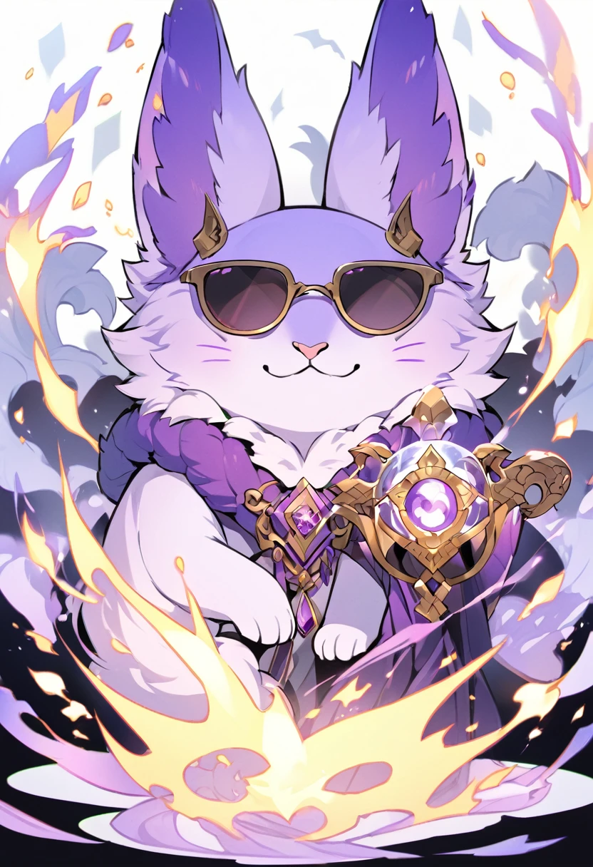 Kato - 400 y.o. familiar. Kato is a familiar - magical animal, that can use magic for his own protection and safety. He represents himself in a vision of a small white cat with fluffy fur and a slight purple colour around it, usually wearing round black sunglasses and smirking to anyone who could see him. His powers shows in ability to cast a special kind of cursed flames, coloured in purple.