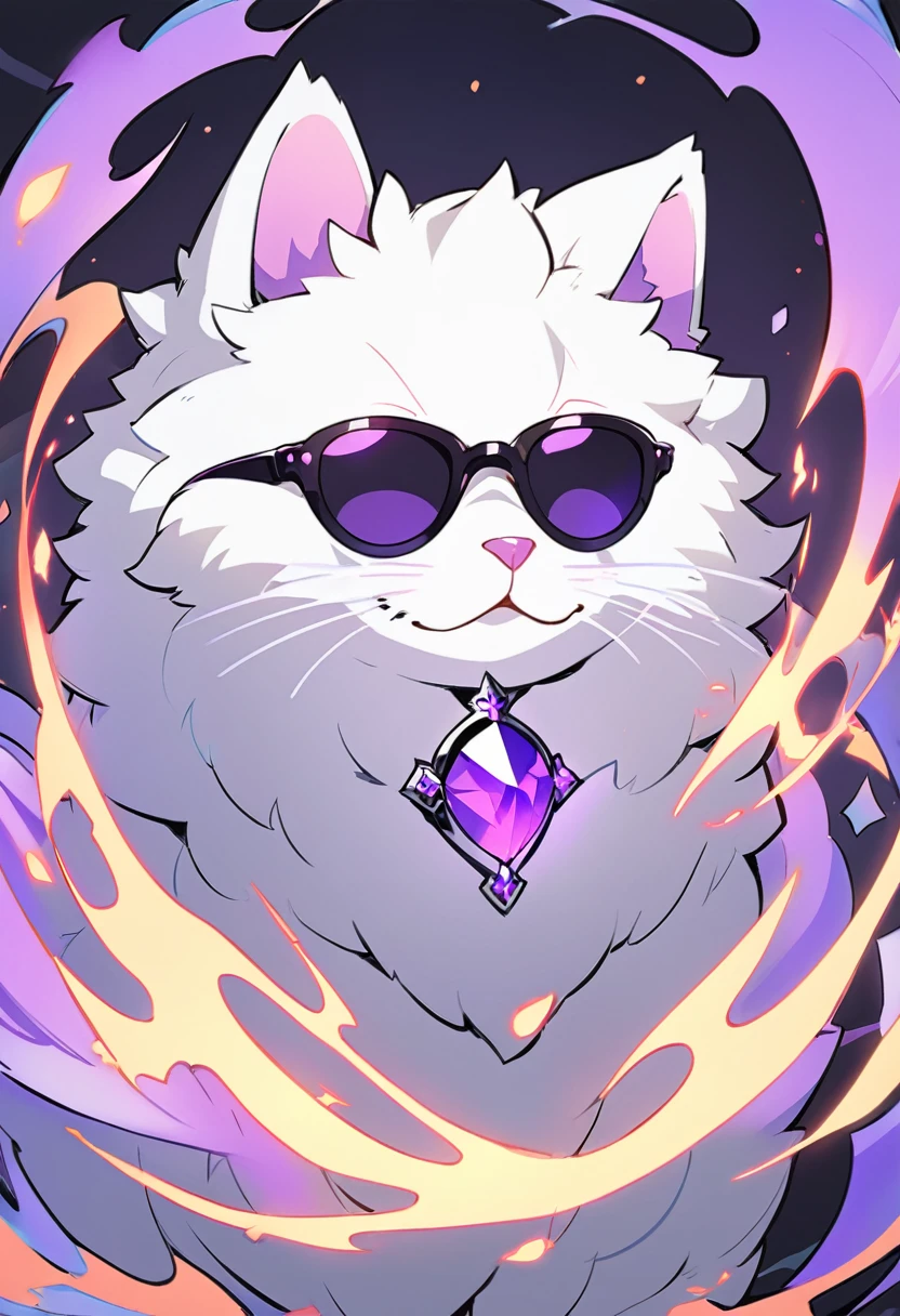 Kato - 400 y.o. familiar. Kato is a familiar - magical animal, that can use magic for his own protection and safety. He represents himself in a vision of a small white cat with fluffy fur and a slight purple colour around it, usually wearing round black sunglasses and smirking to anyone who could see him. His powers shows in ability to cast a special kind of cursed flames, coloured in purple.