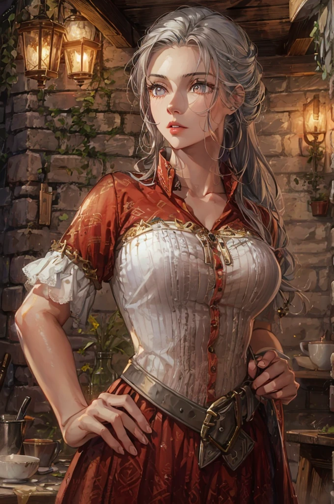 1girl, simple white and red tunic, long curvy messy hair, silver hair, glowing ruby colored eyes, ((beautiful face)), detailed face, detailed eyes, perfect anatomy, collar bone, off shoulder, secluded old tavern, medieval theme, pretty lips, tavern owner, illustration, 8k, super details, award winning, high res