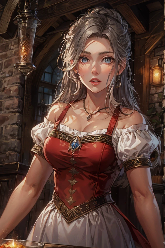 1girl, solo, mature woman, [white shirt top: red dress under], simple pattern clothing, long curvy messy hair, silver hair, glowing ruby colored eyes, ((beautiful face)), detailed face, detailed eyes, perfect anatomy, collar bone, (off shoulder), (bare neck), leather high boots, secluded old tavern, stone wall, wooden floor, dawning lighting, POV, medieval theme, pretty lips, (gentle welcoming), waitress, illustration, 8k, super details, award winning, high res