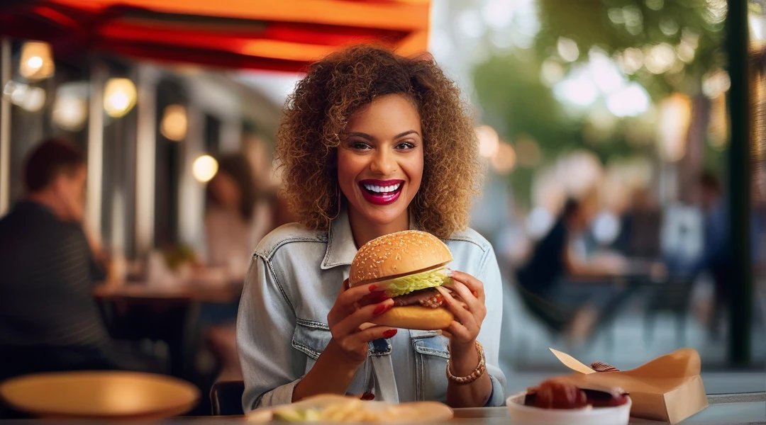 smiling woman Eating a hamburger at a restaurant with chips and salad, eating a hamburger, eating hamburgers, eating a cheeseburger, Eating a hamburger, hamburger with mouth, serving burgers, eat out, Eat meat, edited, hamburger with mouth humana, by Daniel Schultz, by Joe Bowler, Lt. Tom Wänerstrand, devour a hamburger, burger on a plate