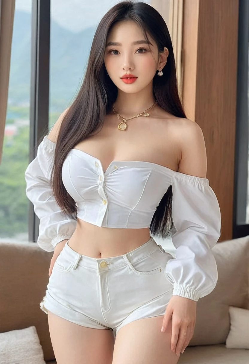 (best high quality:1.5), work of art, (8k), extremely detailed, (High details:1.4), Solo, ((HotLexi)), ((snow-white skin:1.4)), Korean girl with 24 years old, (strapless, mini-shorts), (pretty perfect model square defined face:1.4), ((body of a perfect hourglass-shaped hottie)),