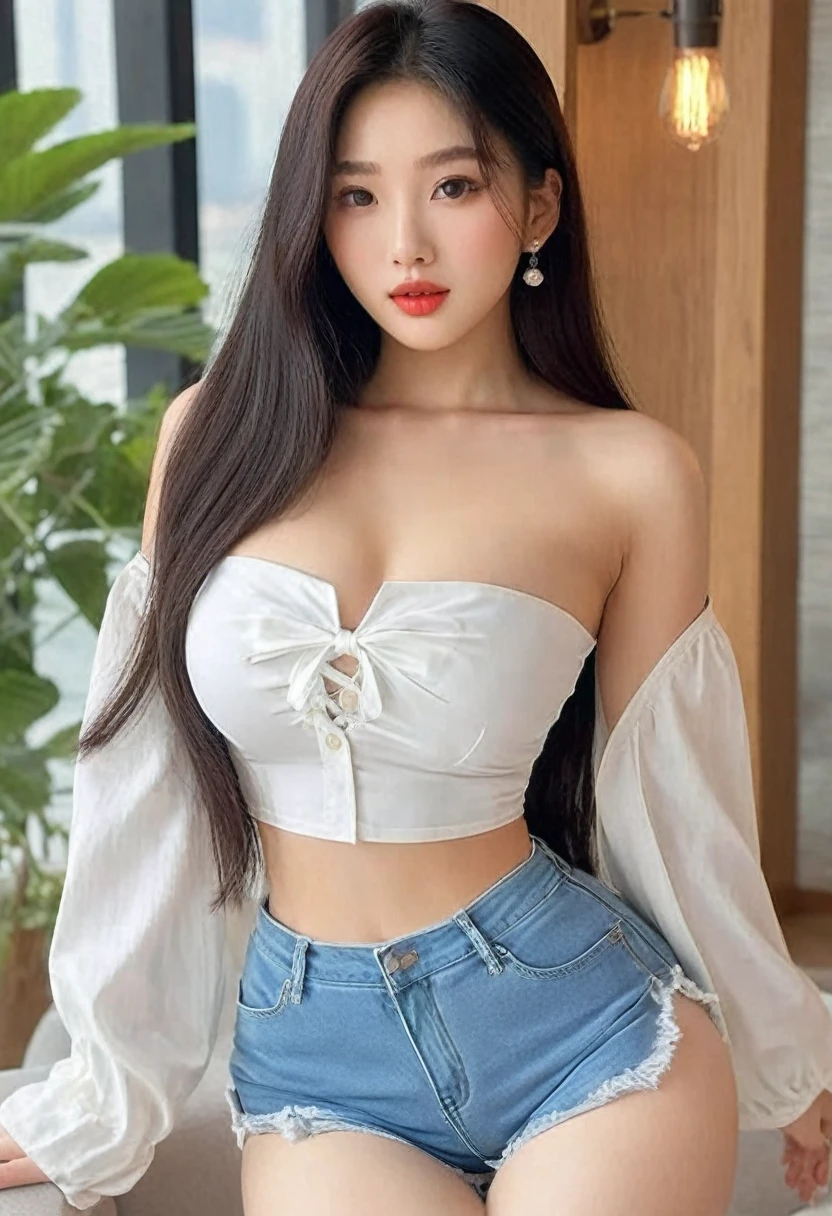 (best high quality:1.5), work of art, (8k), extremely detailed, (High details:1.4), Solo, ((HotLexi)), ((snow-white skin:1.4)), Korean girl with 24 years old, (strapless, mini-shorts), (pretty perfect model square defined face:1.4), ((body of a perfect hourglass-shaped hottie)),