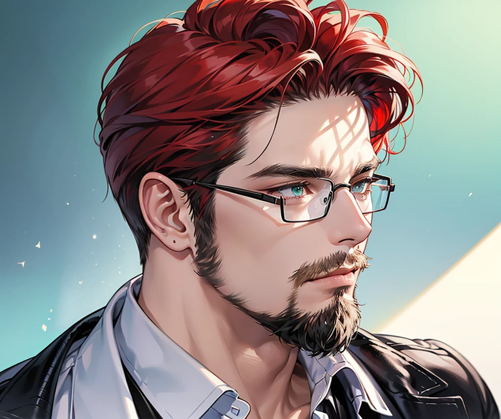((profile pic)), (best quality detailed image beautiful image 8K photorealistic dramatic lighting 1:1) (digital art digital illustration) (camera focused on face) (cold colors dim lighting) Art Manhwa 29 year old cold man very handsome red hair in back gel style, elegant clothes light green eyes (piercing gaze cold expression perfect face perfect lines) Teacher, university, Classroom, ((black glasses)), handsome teacher, Serious and cold look, ((Male square face)), short beard, Sweater and smart white closed dress shirt, Lonely, Thick masculine nose, ((stubble short beard)), everything perfectly put on, ((hair perfectly combed))