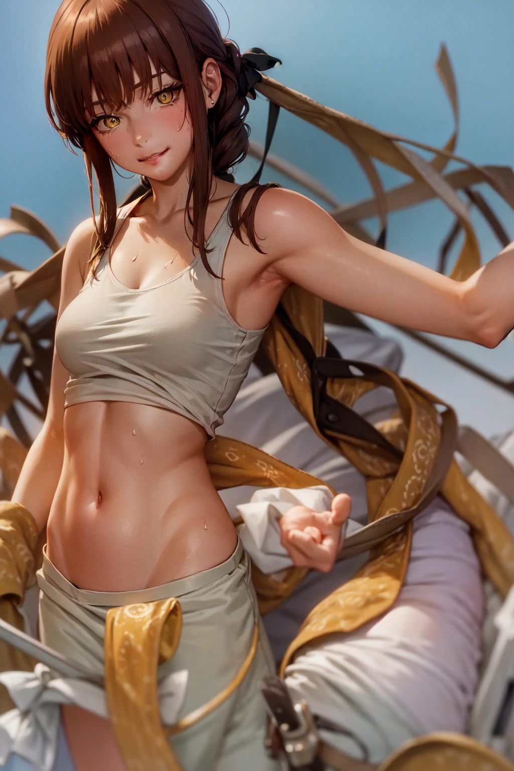 (masterpiece, best quality:1.2), cowboy shot, solo, 1girl, makima, expressionless, closed mouth, looking at viewer, braided ponytail, ringed eyes, adult woman,smile, one person, facing this way, Raise your arms and see your sides,Wearing a white tank top, sweating,short brown hair,upper body composition,Fingers behind head,