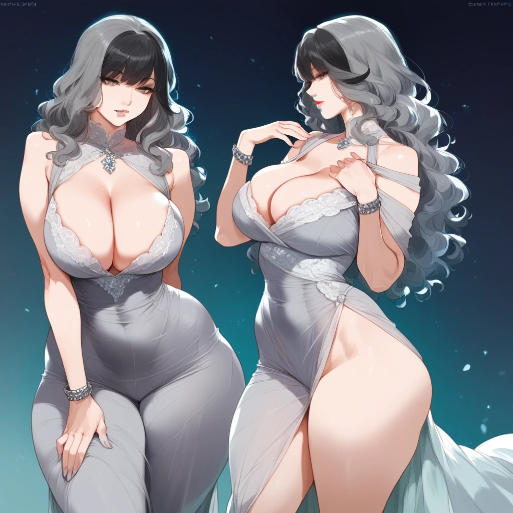mixed_artwork style, 1 girl, standing alone, hands, beautiful woman, Asian, thick, Full wavy hair, gray hair with black highlights, girl, straight bangs over her eyes, Gray Dress, exposed legs, wide hips, thick legs, gray lipstick, gray eyes, gray bracelets and strings, cleavage on the sides, realistic, textures, 8K, perfect hand, perfect anatomy, visible curves, Breasts, Profile