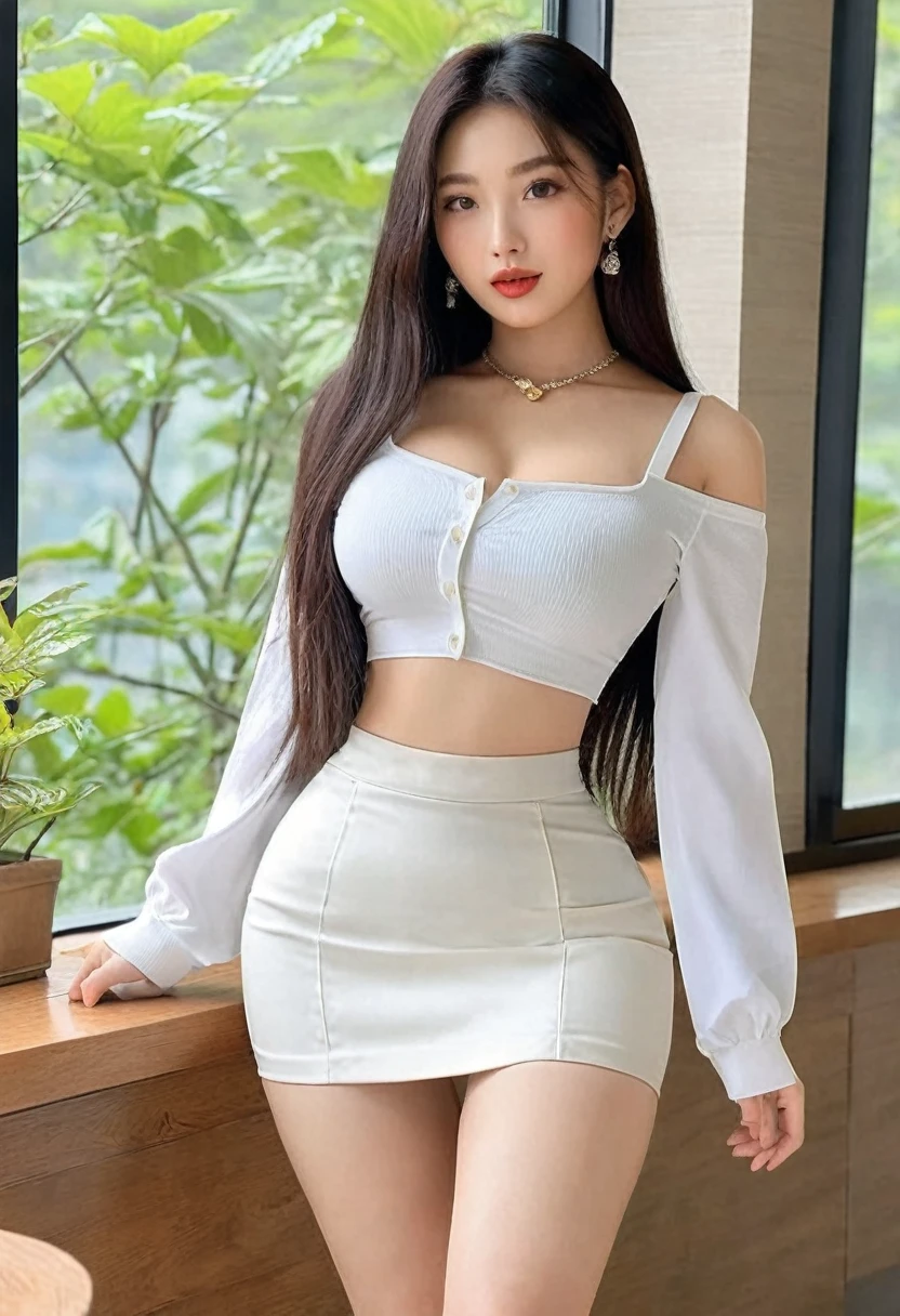 (best high quality:1.5), work of art, (8k), extremely detailed, (High details:1.4), Solo, ((HotLexi)), ((snow-white skin:1.4)), Korean girl with 24 years old, (crop top, skirt), (pretty perfect model square defined face:1.4), ((body of a perfect hourglass-shaped hottie)),