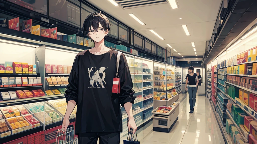 young man, black hair, black eyes, glasses, casual clothes, shopping, quiet, gloomy, introvert