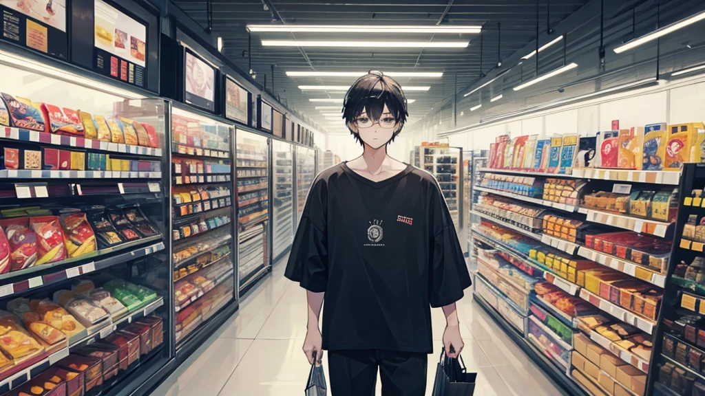 young man, black hair, black eyes, glasses, casual clothes, shopping, quiet, gloomy, introvert
