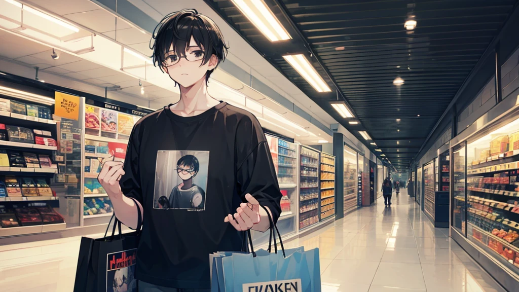 young man, black hair, black eyes, glasses, casual clothes, shopping, quiet, gloomy, introvert