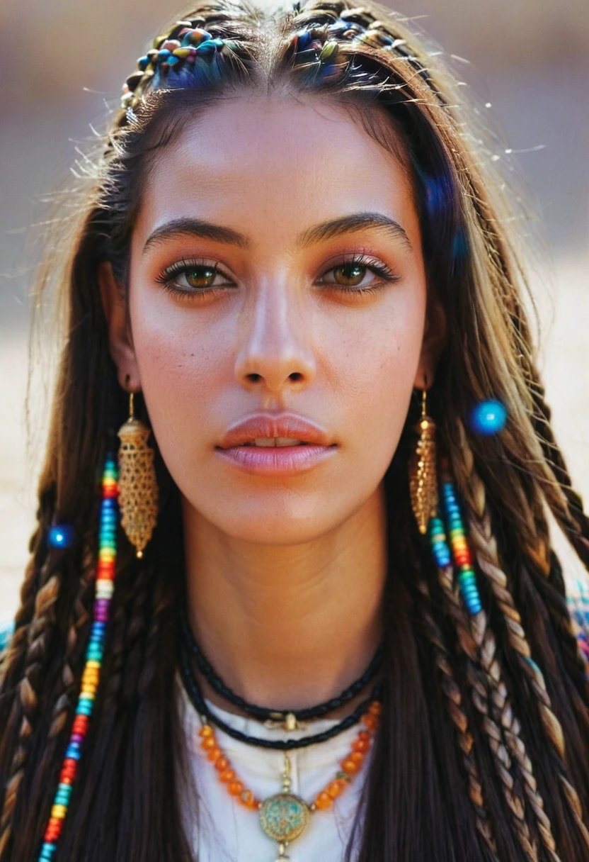 a woman's head. Her hair is in cornrows, geometric repeating patterns, coloured beads, long dark hair. patterned. front view, showing her face. Moroccan North African influence