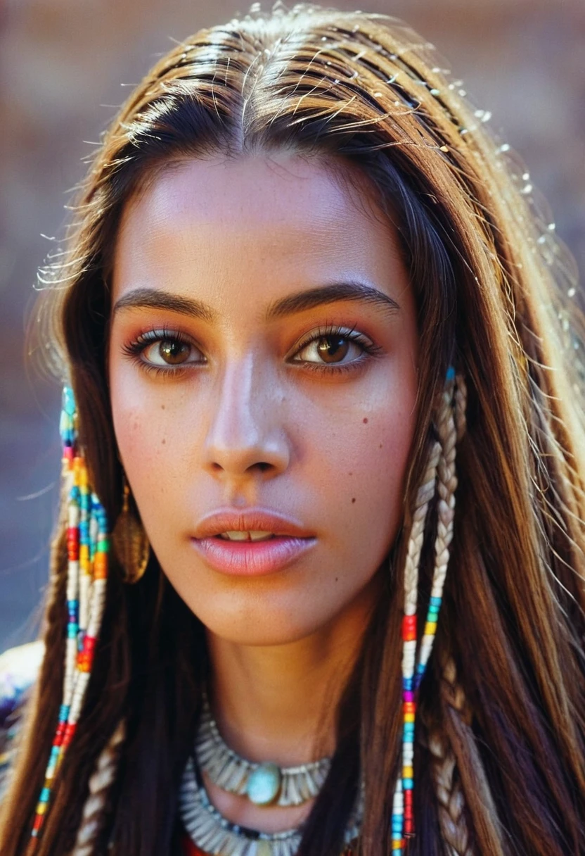 a woman's head. Her hair is in cornrows, geometric repeating patterns, coloured beads, long dark hair. patterned. front view, showing her face. Moroccan North African influence