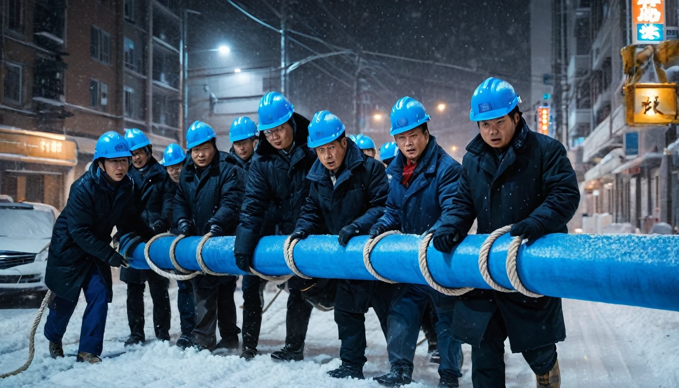 A group of Asian workers wearing blue helmets are pulling a huge pipeline forward with ropes. The background is a city street in heavy snow (wearing a black cotton coat: 1.5), (late night, night, night view, lighting: 1.5) (blizzard, blizzard: 1.5), (bird's-eye view, overhead: 1.5)