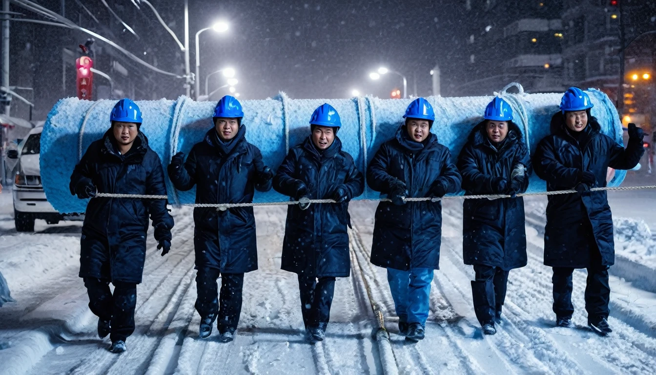 A group of Asian workers wearing blue helmets are pulling a huge pipeline forward with ropes. The background is a city street in heavy snow (wearing a black cotton coat: 1.5), (late night, night, night view, lighting: 1.5) (blizzard, blizzard: 1.5), (bird's-eye view, overhead: 1.5)