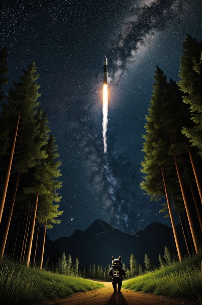 Illustration for the cartoon, a black dog in a spacesuit stands next to a rocket in the forest at the opening of the flight 