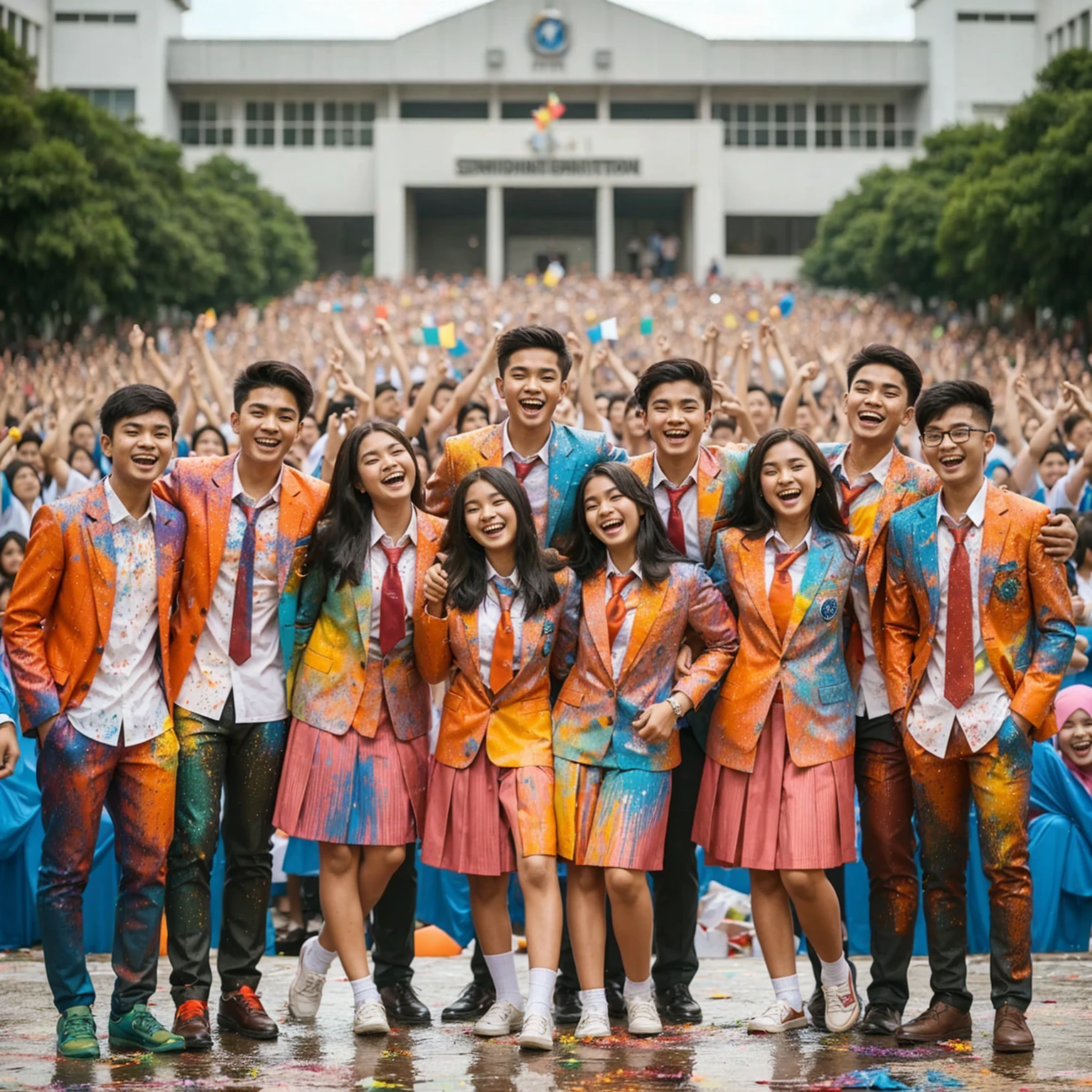 a group of 20 year old Indonesian youths standing next to each other, consisting of 8 people; 4 women long haired and 4 men short haired, wearing high school uniforms; white shirt, tie, light blue trousers, colorful splash uniforms, they are celebrating school graduation, they are happy and laughing, thousands of students celebrating graduation in the background, colorful paper fireworks and colorful splash effects add to the festivity, UHD 4K.
